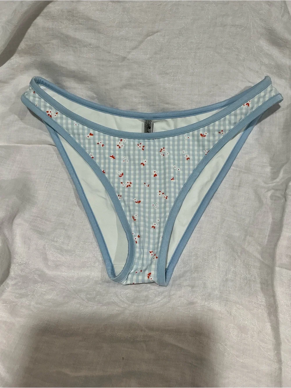 🤎 NWT Pink Frankies Bikinis Monty Bikini Bottom Blue White Gingham Floral XL